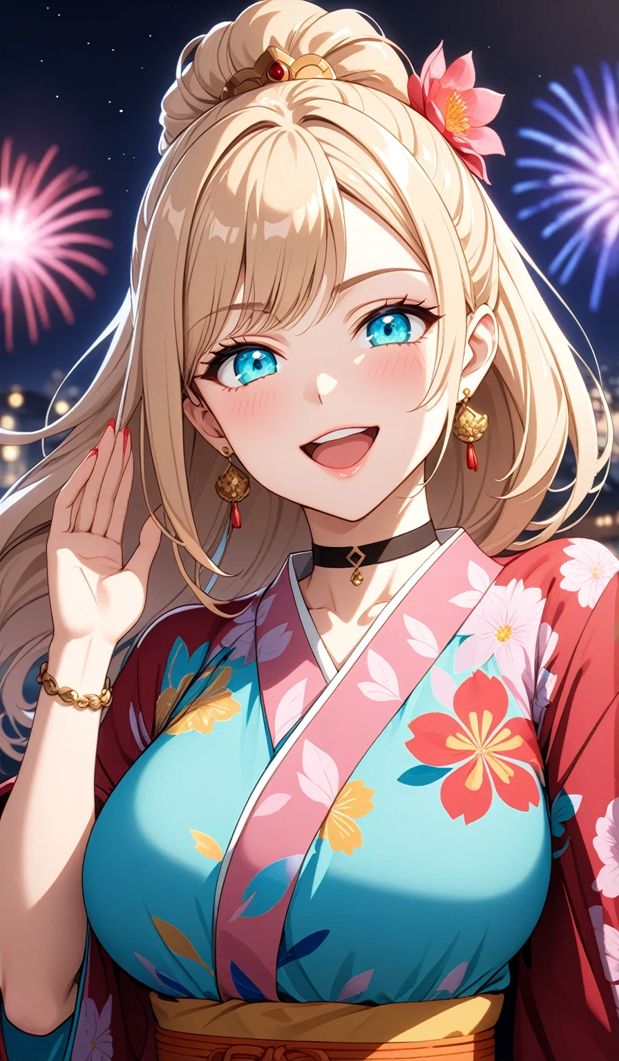 ((One personの女性)), Beautiful Face, (Laughing embarrassedly), (laugh),((Wink:1.9)),((waving at viewer:1.3)),  (head tilt:1.3), Laugh with your mouth wide open,((Bright red cheeks:1.4)),Shiny red lips,night,横浜みなとみらいのnight景, firework,Laughing with your mouth open,Glossy pink lips,Facial lighting, ((midriff peek)), ((Anime style background)),masterpiece, Highest quality, so beautiful,up to date, Complex details, (Pink long nails),(ring),(bracelet),(choker),AI-generated, Complex,High resolution, Highest quality, super high quality,3D Images、3D Images,One person,Long blonde hair,High Ponytail,(turquoise blue eyes),Anime woman posing for a photo, ((Fine grain、Colorful eyes、Shining Eyes:1.3)),(Squint your eyes:1.1),a hyperRealistic , hyperRealistic , Realistic,Anime woman with long white hair, Smooth anime CG art, A woman in a colorful kimono with gold embroidery, (Pink long sleeve kimono),Red floral pattern,Long flower hair ornament,Earrings,Mature Body,(Big Breasts:1.1),Tall,Abdominal muscles,Tight waist,(Zoom up to face:1.6),(front view),