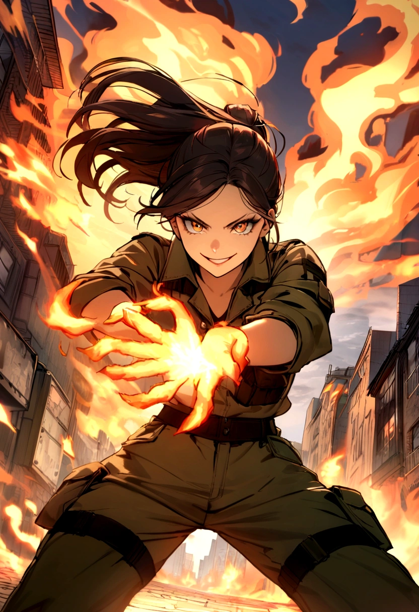 best quality, 8k, woman, young, 19 years old, top, cargo pants, wicked smile, dynamic pose, city scenery, pc wallpaper, fire in hands, combat pose,