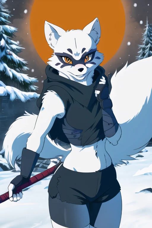 Alopex, arcticfox, tmnt, smile, orange eyes, girl1, solo, snow, black cloak, bandage, tail, black shorts 