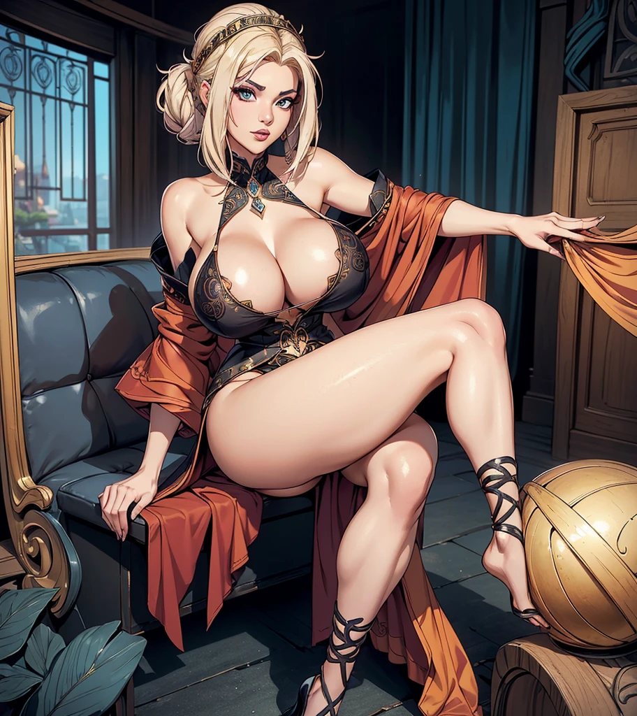 (((Solo character image.))) (((Generate a single character image.))) She looks like a combination of Anastasia Kvitko and Louisa Khovanski. (best quality), (masterpiece), (detailed), vibrant, highly detailed, (cute woman:1.2,1girl, solo), (pale skin:1.2), (beautiful, 20 years old:1.5), (((huge chest))), Design a captivating female adventurer character for a Dungeons & Dragons campaign. She's a versatile and enigmatic character who embodies stunning beauty, mischief, and a hint of risqué attitude. Her style of dress should be memorable, and she should exude an aura of mystery that keeps both allies and enemies on their toes. Appearance: Create a striking and captivating character. She should have an alluring and enigmatic presence. Her features should be both beautiful and unique, making her stand out in any setting. Clothing: Her attire should be stylish and daring, with a touch of the exotic. Think about intricate designs, flowing fabrics, and bold, risqué elements that reflect her confidence and daring nature.