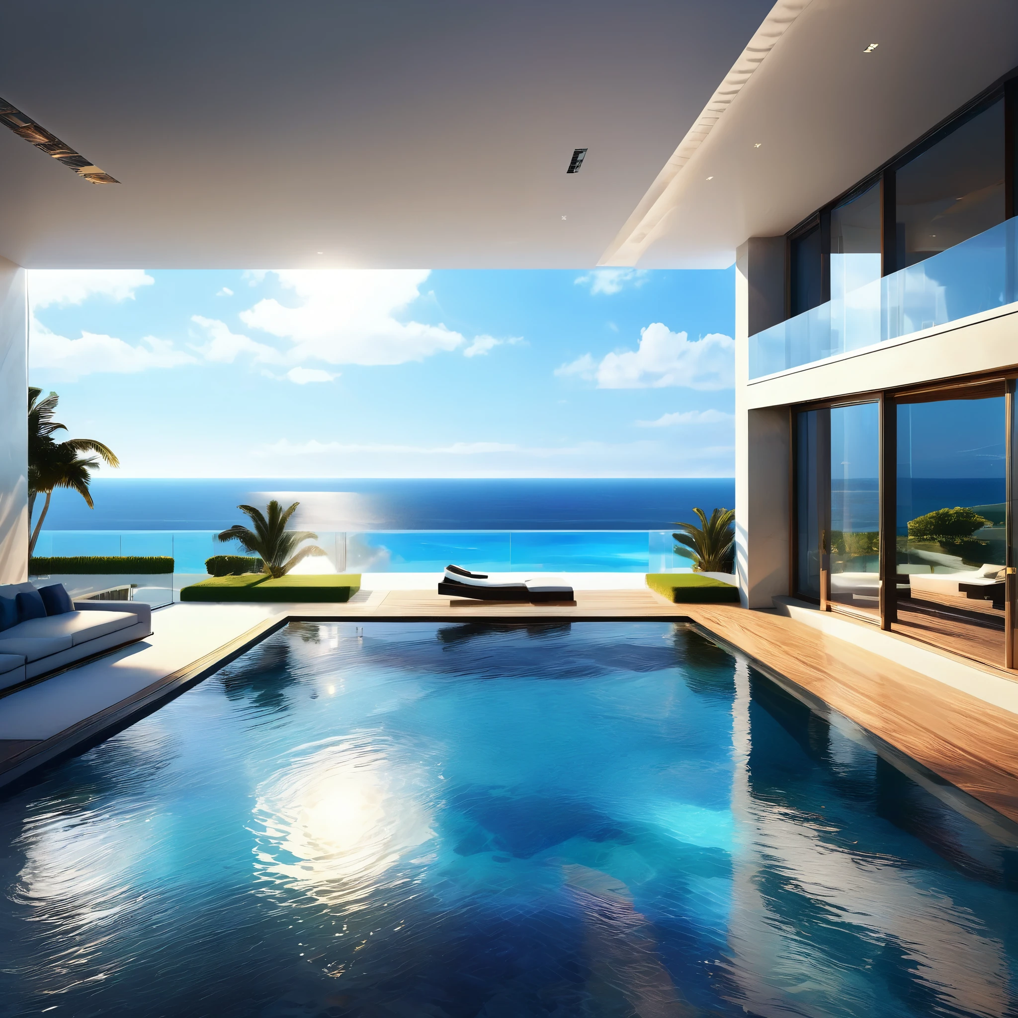 A modern luxury mansion with an infinity pool overlooking the ocean, floor-to-ceiling windows, and a sleek, luxury interior design. Hyper realistic photo, 16k, vibrant colors