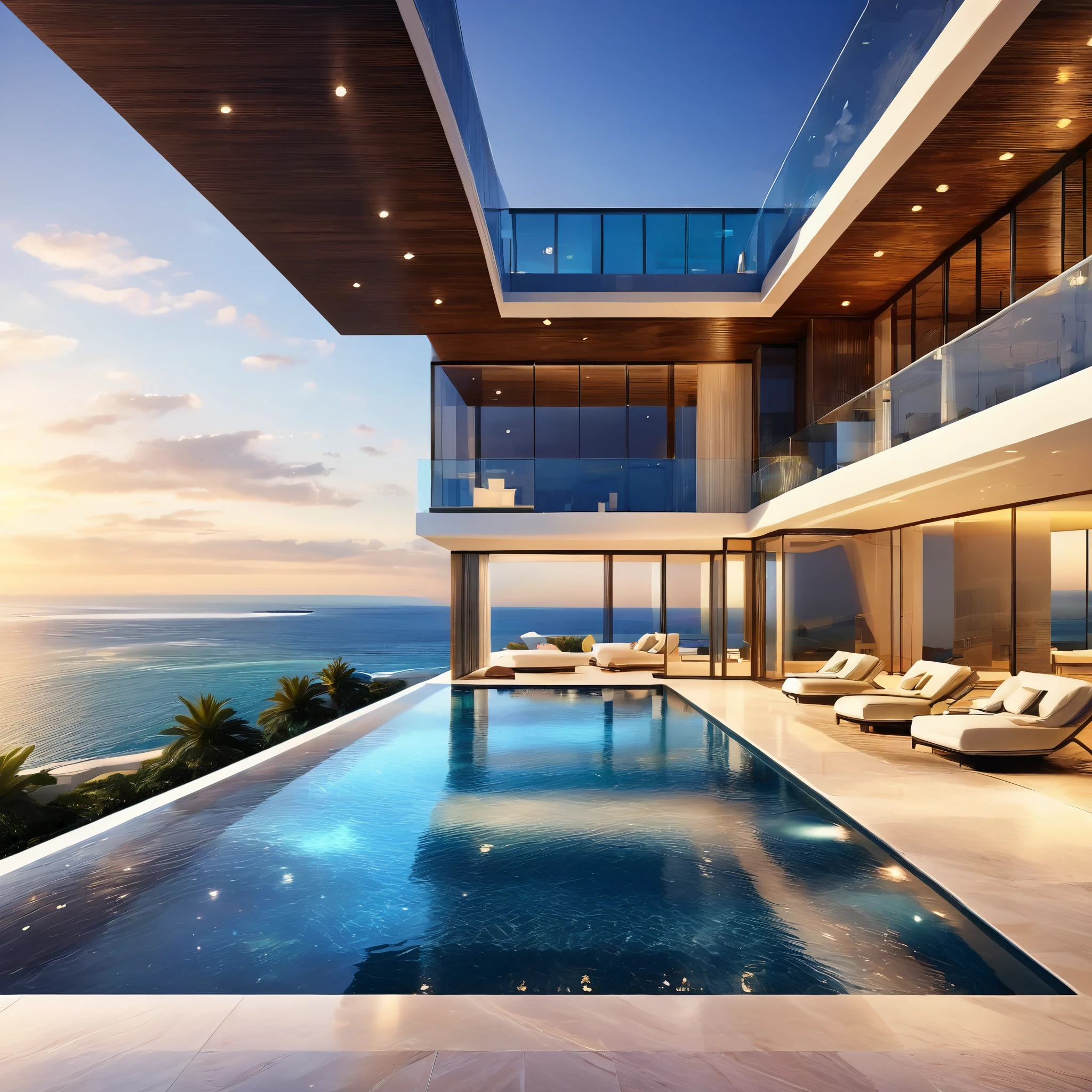 A modern luxury mansion with an infinity pool overlooking the ocean, floor-to-ceiling windows, and a sleek, luxury interior design. Hyper realistic photo, 16k, vibrant colors