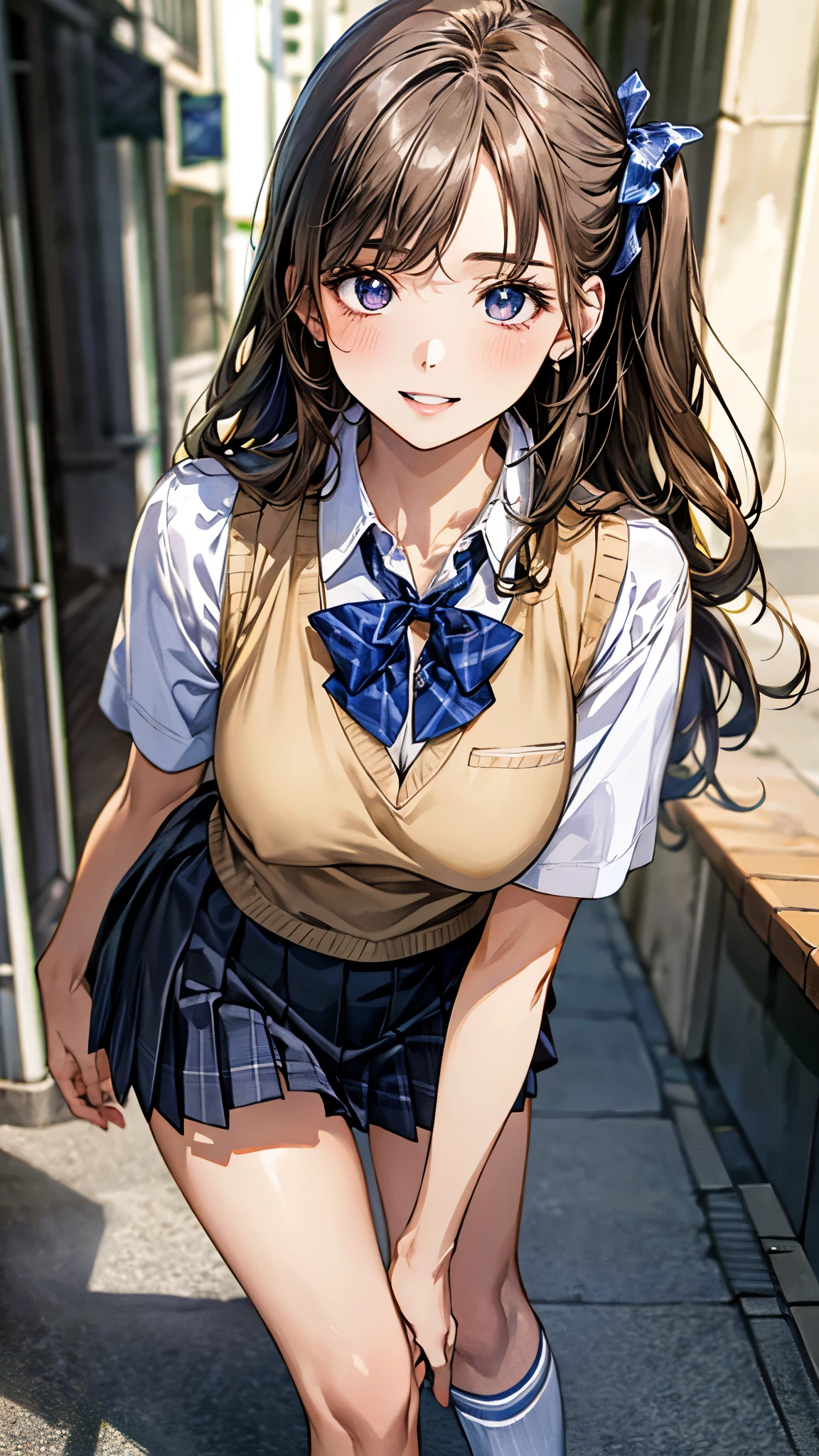 (masterpiece:1.2, top-quality), (realistic, photorealistic:1.4), beautiful illustration, (natural side lighting, movie lighting), nsfw:1.2,
beautiful hair, beautiful face, beautiful detailed eyes, beautiful clavicle, beautiful body, beautiful chest, beautiful thigh, beautiful legs, beautiful hands,
looking at viewer, (from behind), full body, 1 girl, japanese, high school girl, perfect face, perfect eyes, cute and symmetrical face, suntan, shiny skin, white skin, slender,
(long hair:1.5, side ponytail:1.4, brown hair), hair over one eye:1.4, maroon eyes, long eye lasher, (medium breasts),
((collared short sleeve shirt, white shirt, , grey plaid pleated skirt, blue plaid bow tie), wrist chakra), white panties,
(((shibari over clothes, arms behind back)), bondage, shibari:1.5, bound arms, bound breasts),
(beautiful scenery), daytime, (standing), (lovely smile, upper eyes),
