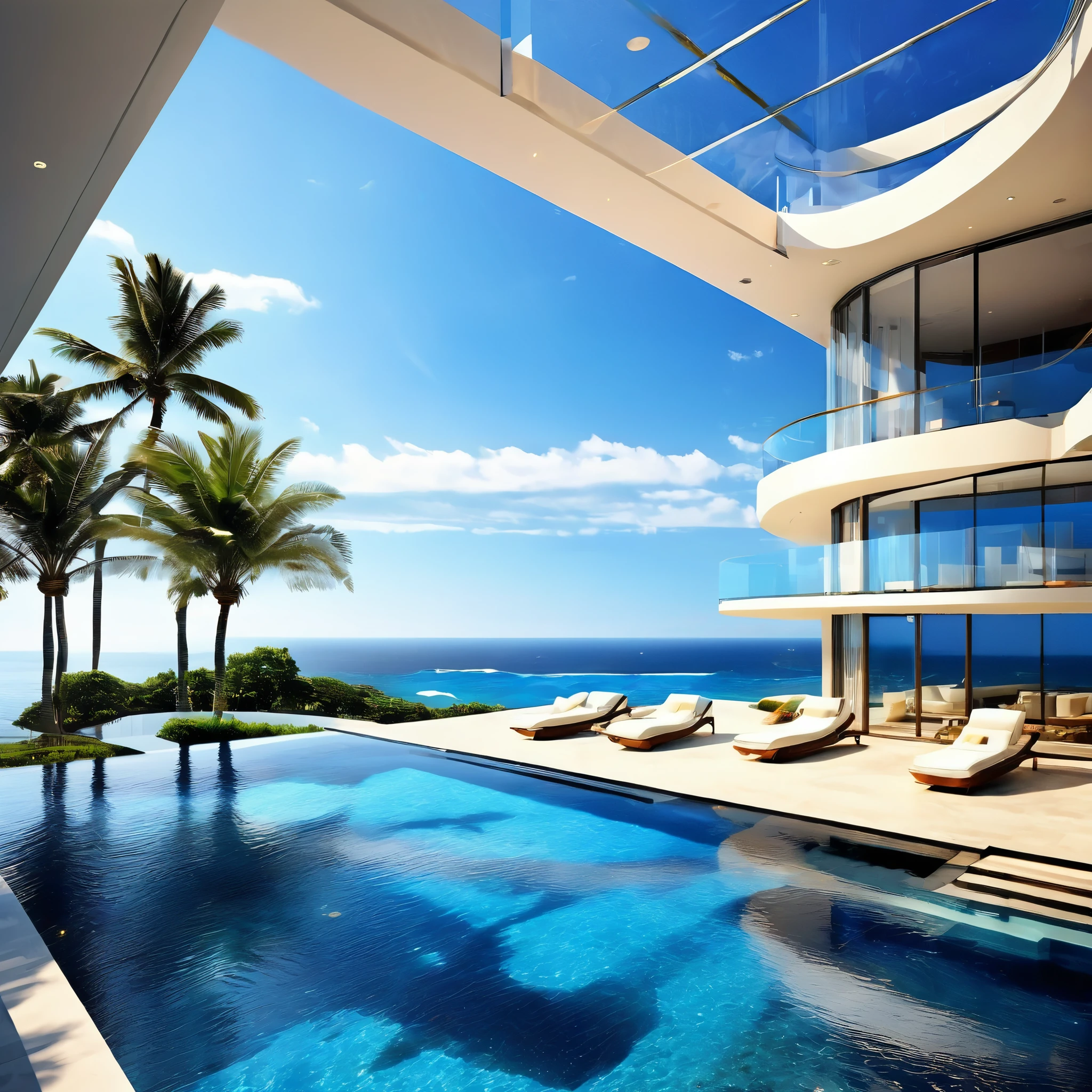 A modern luxury mansion with an infinity pool overlooking the ocean, floor-to-ceiling windows, and a sleek, luxury interior design. Hyper realistic photo, 16k, vibrant colors