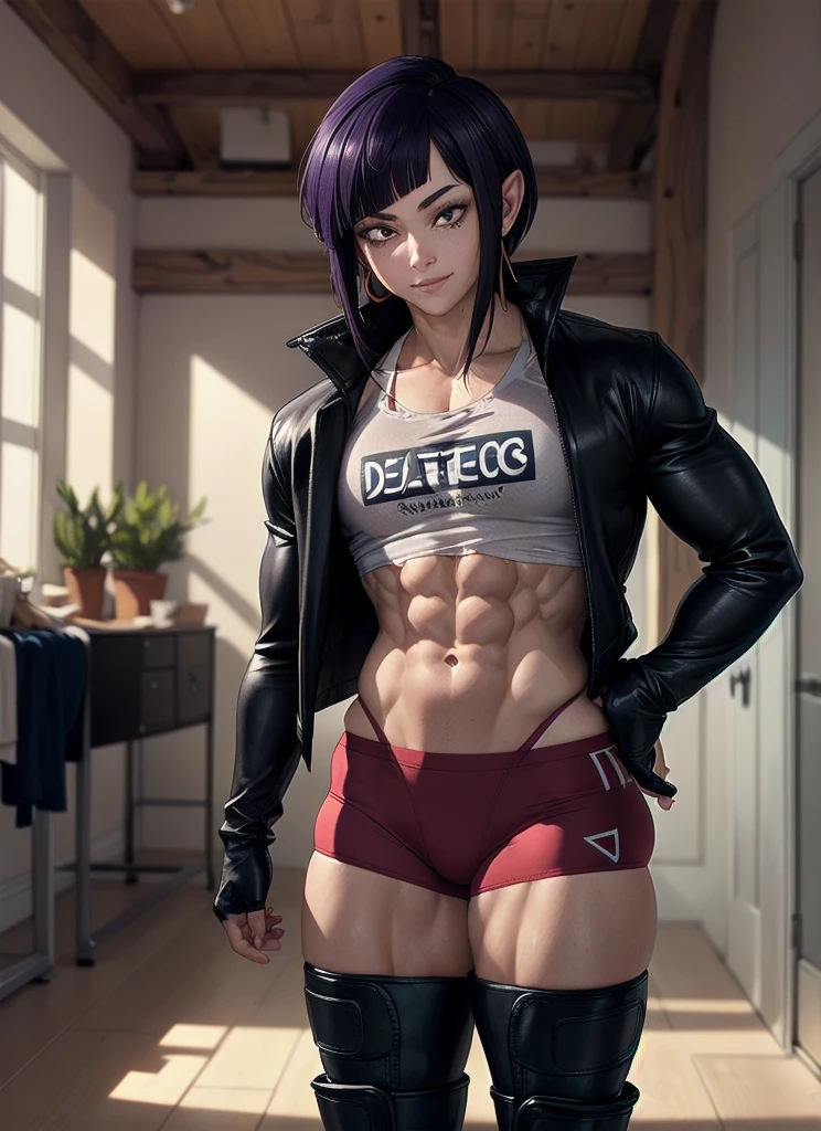 ((best quality)), ((muito detalhado)), ​masterpiece, most absurd, (detailled eyes, deep eyes), (1 girl), Perspective distortion, contrasted, Stand, ((legs apart)), crossed arms, Cowboy-shot, from bottom, Viewers look at, jirou2, purple hair, shorth hair, bangs, black eyes, long earlobes, small breasts, smiling, (Facial spots), neck ribbon, rotes Shirt, torn shirt, leather jacket, black jacket, open jacket, white fingerless gloves, Hose, boots, (indoors, in a hall), ((Bodybuilder)), (muscular), young woman,