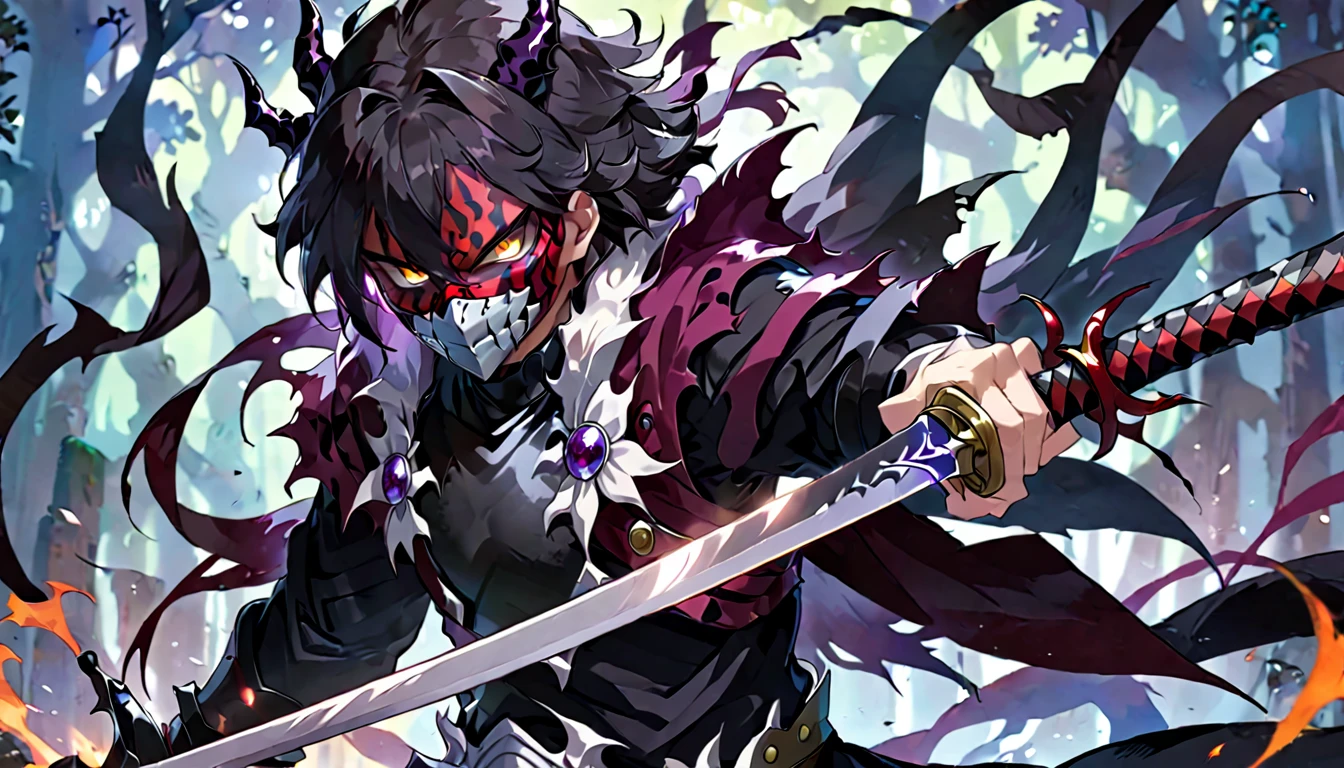 demon mask, sword on the hand,close up, black heavy detailed clothes, hand katana, art, dark and malevolent, hand sword, armor, powerful and intimidating, (masterpiece, best quality, ultra-detailed, best shadow), (detailed background, dark fantasy) dramatic light, intricate details, dark and malevolent, powerful and intimidating, Dark and foreboding, malevolent force, sinister and chilling, armor, high detailed background, girl in demon slayer art, demon slayer art style, epic anime art, God death