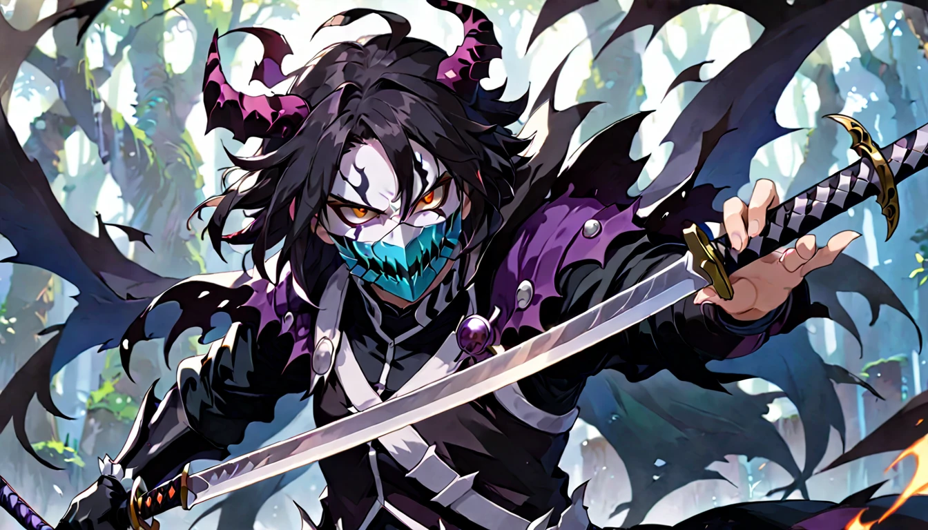 demon mask, sword on the hand,close up, black heavy detailed clothes, hand katana, art, dark and malevolent, hand sword, armor, powerful and intimidating, (masterpiece, best quality, ultra-detailed, best shadow), (detailed background, dark fantasy) dramatic light, intricate details, dark and malevolent, powerful and intimidating, Dark and foreboding, malevolent force, sinister and chilling, armor, high detailed background, girl in demon slayer art, demon slayer art style, epic anime art, God death