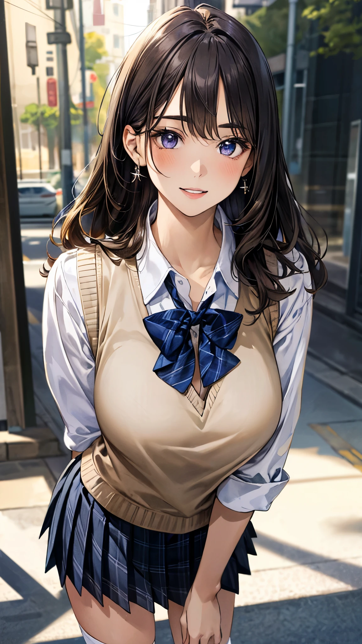 (masterpiece:1.3, top-quality, ultra high res, ultra detailed), (realistic, photorealistic:1.4), beautiful illustration, perfect lighting, natural lighting, colorful, depth of fields, surrealism, 
beautiful detailed hair, beautiful detailed face, beautiful detailed eyes, beautiful clavicle, beautiful body, beautiful chest, beautiful thigh, beautiful legs, beautiful fingers, shiny skin, babyface, 
looking at viewer, selfie, 1 girl, japanese, high school girl, (perfect anatomy, anatomically correct, super detailed skin), cute and symmetrical face, perfect face, perfect eyes, 
(long hair, (two side up), straight hair, sandy beige hair), asymmetrical bangs, blue eyes, big eyes, long eyelashes, (large breasts:1.2, seductive thighs), slender, outstanding style, 
((detailed cloth texture, break,break, white collared shirt, break,break, navy blue suit vest, break,break, blue plaid pleated skirt, break,break, purple blue bow tie), socks, black loafer), 
(beautiful scenery), evening, (downtown), (standing, leaning forward, ), (heart shaped pupils, :3, aroused, ahegao, orgasm, in heat, naughty face, seductive smile, open mouth small),