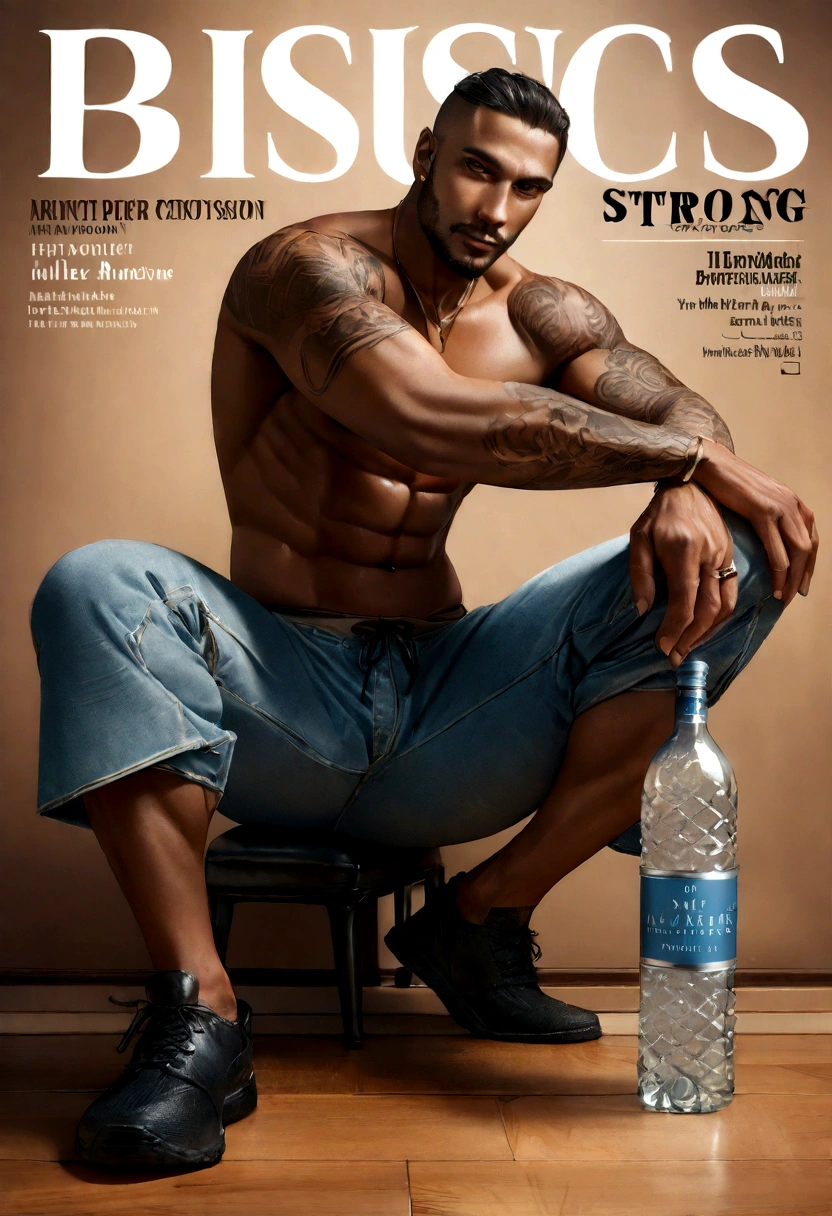 Arafian man holding a bottle of water and a bottle of ice, men's magazine model, male model, dark-skinned man, men's fashion photo, full body, fitness model, head and shoulders photography, underwear ads, body tattoo and on the legs, advertising men's underwear products, super strong and cool, ((full body: 1.2)), (best quality: 1.5), (masterpiece: 1.5), (best quality, 4k, 8k, high resolution, masterpiece: 1.2), ultra detailed, (realistic, photorealistic, photorealistic: 1.37), colorful, sculptural quality, man, masculine, 30 year old man, ((perfect face, ((male face)), (fantastic: 1.5), (best quality: 1.5), (masterpiece: 1.5), ((full body: 1.5)), magazine cover