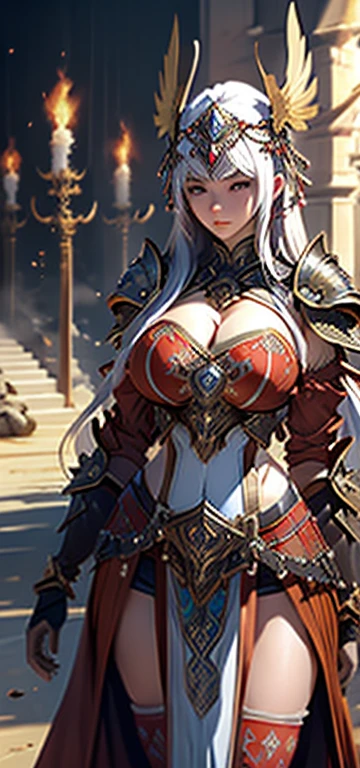 Wearing sexy bikini armor, Richly decorated armor, ,(((Full and soft breasts,)))(((Huge breasts))) (((Cleavage))),
A beautiful female warrior