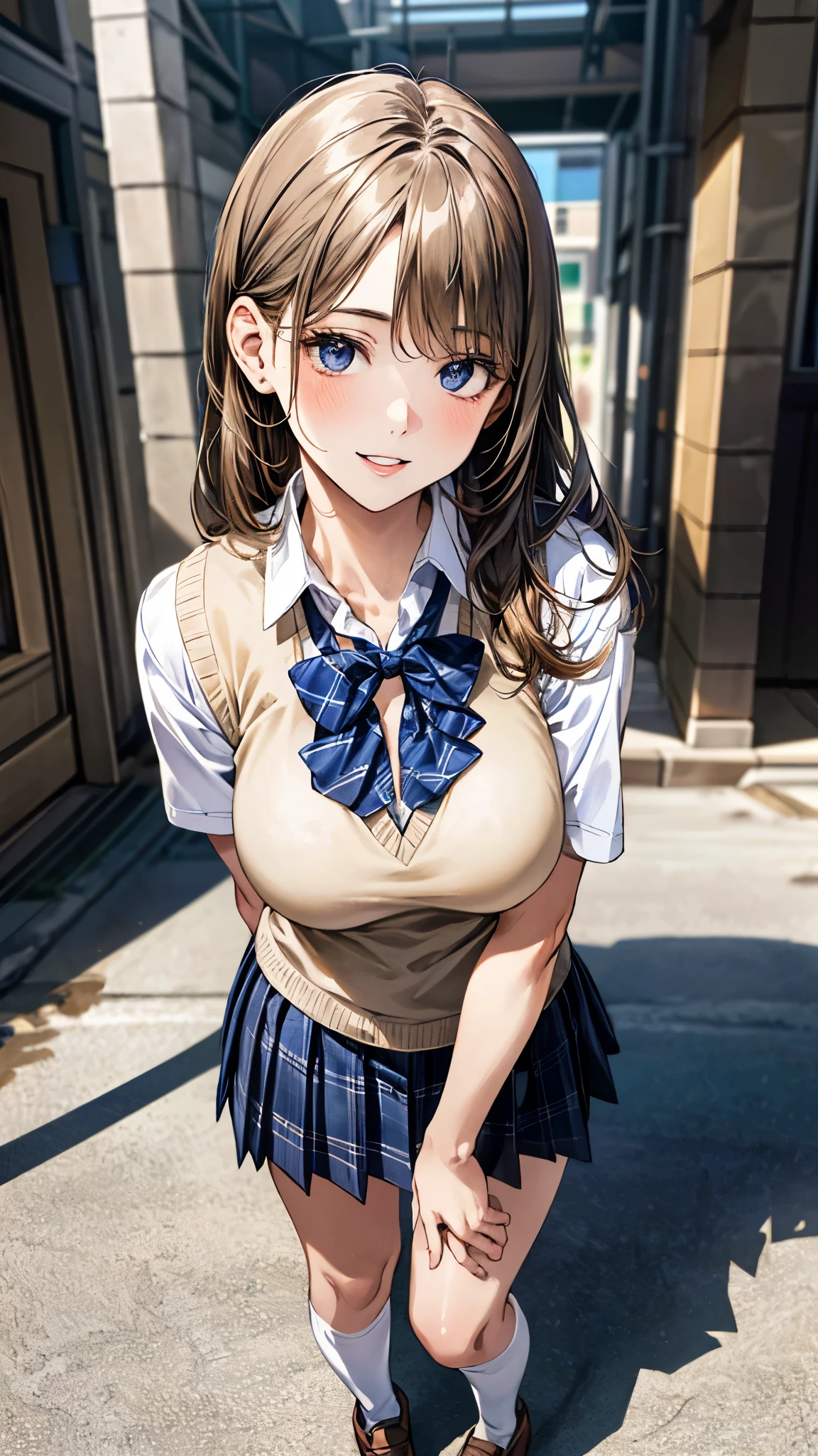 (masterpiece:1.3, top-quality, ultra high res, ultra detailed), (realistic, photorealistic:1.4), beautiful illustration, perfect lighting, natural lighting, colorful, depth of fields, surrealism,
beautiful detailed hair, beautiful detailed face, beautiful detailed eyes, beautiful clavicle, beautiful body, beautiful chest, beautiful thigh, beautiful legs, beautiful fingers, shiny skin, babyface,
looking at viewer, 1 girl, japanese, high school girl, (perfect anatomy, anatomically correct, super detailed skin), cute and symmetrical face, perfect face, perfect eyes,
(long hair, (two side up), straight hair, sandy beige hair), asymmetrical bangs, blue eyes, big eyes, long eyelashes, (large breasts:1.2, seductive thighs), slender, outstanding style,
((detailed cloth texture, break,break, white collared shirt, break,break, light brown knit vest, break,break, navy plaid pleated skirt, break,break, purple blue bow tie), break,break, white socks, black loafer),
(beautiful scenery), evening, (downtown), standing, leaning forward, (arms behind back), (lovely smile, parted lips),
