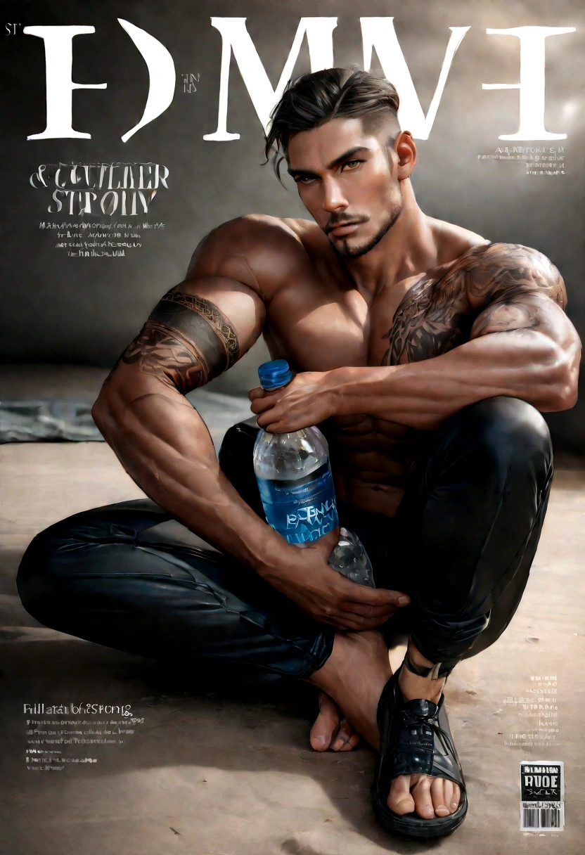 Arafian man holding a bottle of water and a bottle of ice, men's magazine model, male model, dark-skinned man, men's fashion photo, full body, fitness model, head and shoulders photography, underwear ads, body tattoo and on the legs, advertising men's underwear products, super strong and cool, ((full body: 1.2)), (best quality: 1.5), (masterpiece: 1.5), (best quality, 4k, 8k, high resolution, masterpiece: 1.2), ultra detailed, (realistic, photorealistic, photorealistic: 1.37), colorful, sculptural quality, man, masculine, 30 year old man, ((perfect face, ((male face)), (fantastic: 1.5), (best quality: 1.5), (masterpiece: 1.5), ((full body: 1.5)), magazine cover