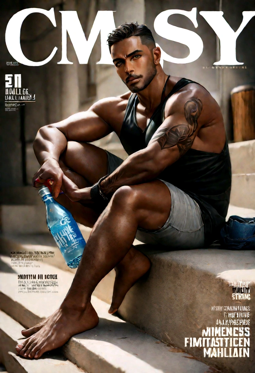 Arafian man holding a bottle of water and a bottle of ice, men's magazine model, male model, dark-skinned man, men's fashion photo, full body, fitness model, head and shoulders photography, underwear ads, body tattoo and on the legs, advertising men's underwear products, super strong and cool, ((full body: 1.2)), (best quality: 1.5), (masterpiece: 1.5), (best quality, 4k, 8k, high resolution, masterpiece: 1.2), ultra detailed, (realistic, photorealistic, photorealistic: 1.37), colorful, sculptural quality, man, masculine, 30 year old man, ((perfect face, ((male face)), (fantastic: 1.5), (best quality: 1.5), (masterpiece: 1.5), ((full body: 1.5)), magazine cover