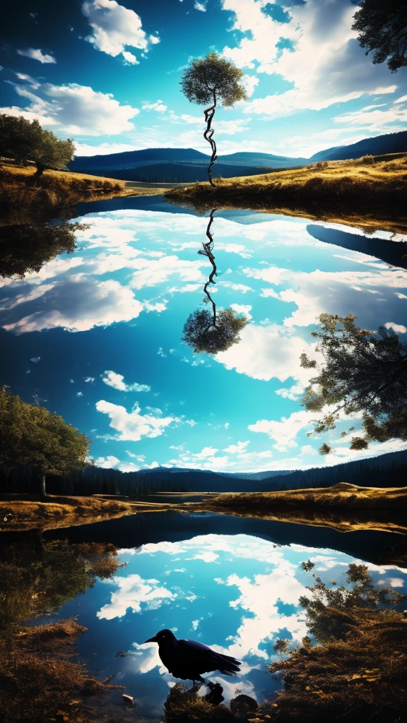 mirror in the middle of nowhere, drops, surrealism, raven, dream
