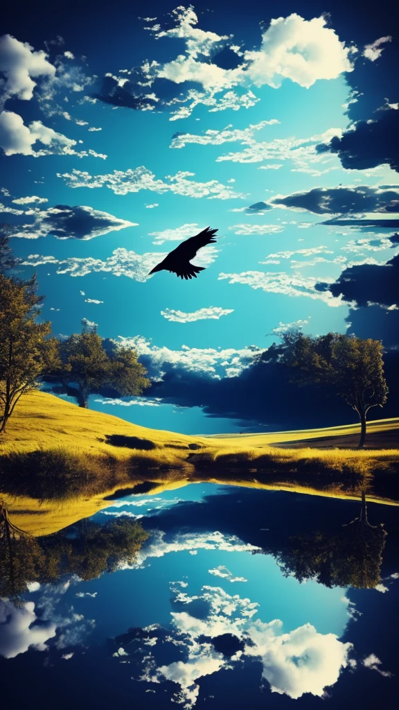 mirror in the middle of nowhere, drops, surrealism, raven, dream