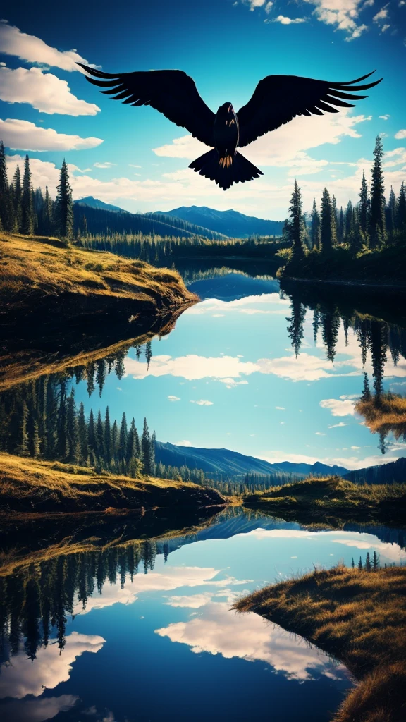 mirror in the middle of nowhere, drops, surrealism, raven, dream