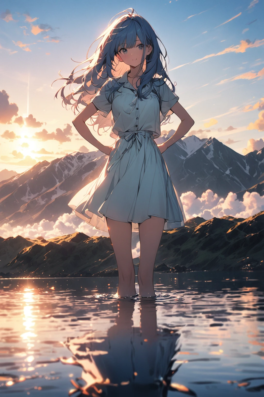 A girl，Blue Hair，Very energetic，Complete mission structure，Delicate face，(absurdres:1.1),full_shot,(posing:1.1),On the lake，Reflection