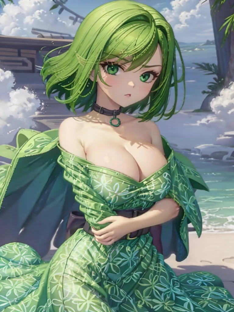 1girl, solo, beautiful girl, green skin, green eyes, big eyes, long eyelashes, green hair, short hair, shiny hair, medium breasts, green dress, strapless dress, floral print dress, green belt, purple scarf around the neck, green leggins, looking at viewer, bare arms, bare shoulders, disgust face, narrow waist, big butt, violet lips, lip gloss, perfect hands, perfect anatomy, dress pull, breast slip, nipple slip, puffy nipples, topless,