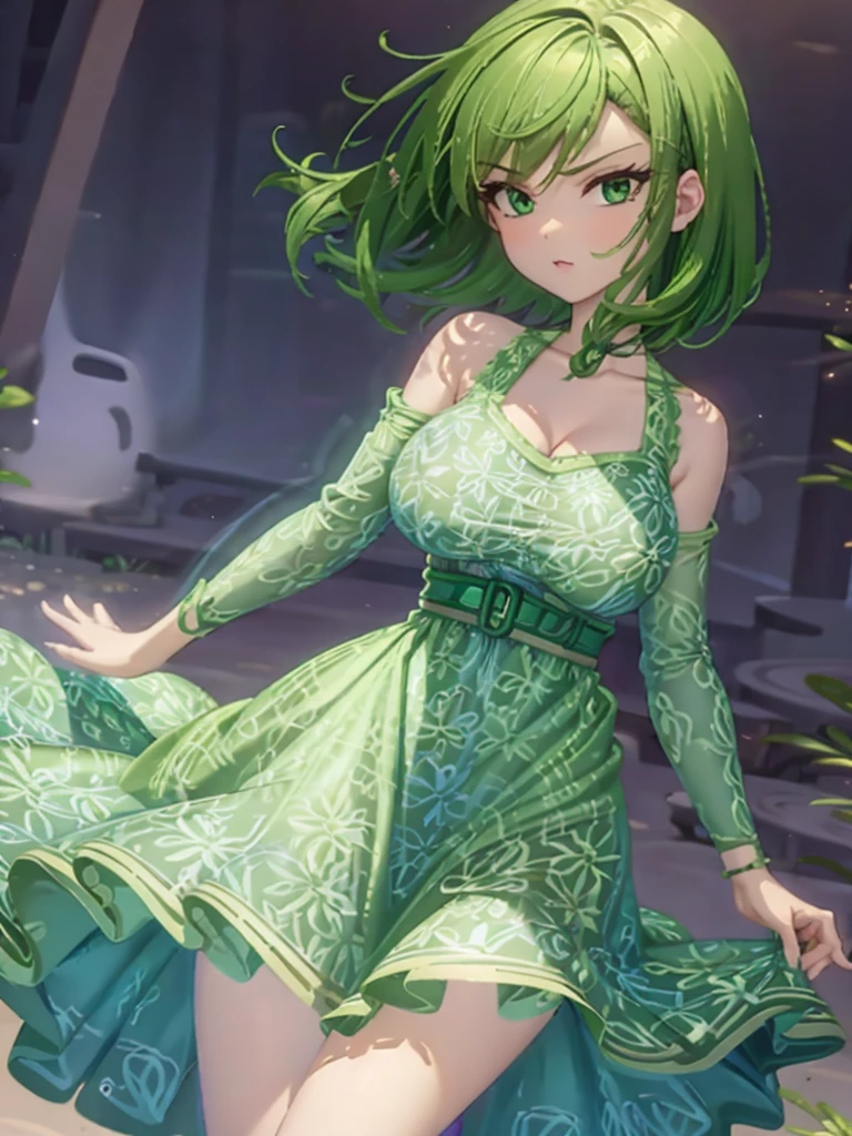 1girl, solo, beautiful girl, green skin, green eyes, big eyes, long eyelashes, green hair, short hair, shiny hair, asymmetrical bangs, asymmetrical hair, medium breasts, green dress, strapless dress, floral print dress, short dress, green belt, purple scarf, looking at viewer, bare arms, bare shoulders, disgust face, narrow waist, big butt, violet lips, lip gloss, makeup, perfect hands, perfect anatomy, dress pull, breasts slip, nipple slip, puffy nipples, cleavage, topless, partially undressed, partially naked, breasts focus, purple background, round windows, inside, from side,