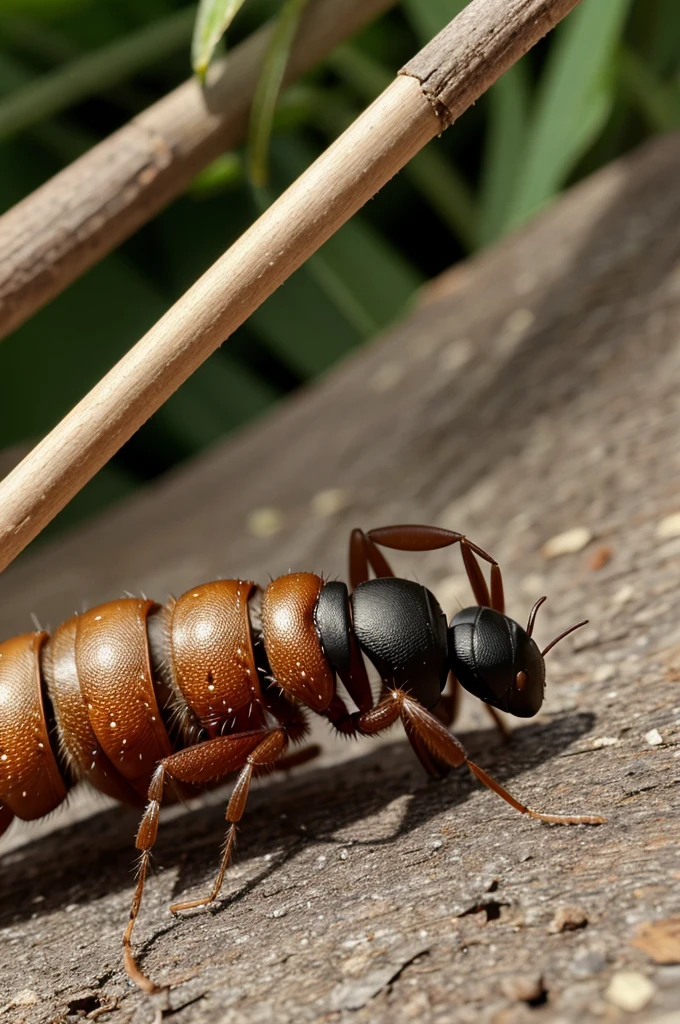An ant holding q stick and its lages make A