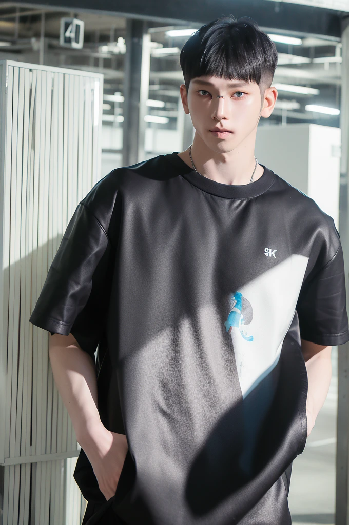 (8k, 4k, 1 man, with white skin, short hair, mullet haircut, light grayish eyes, black clothes, with a bad boy loo