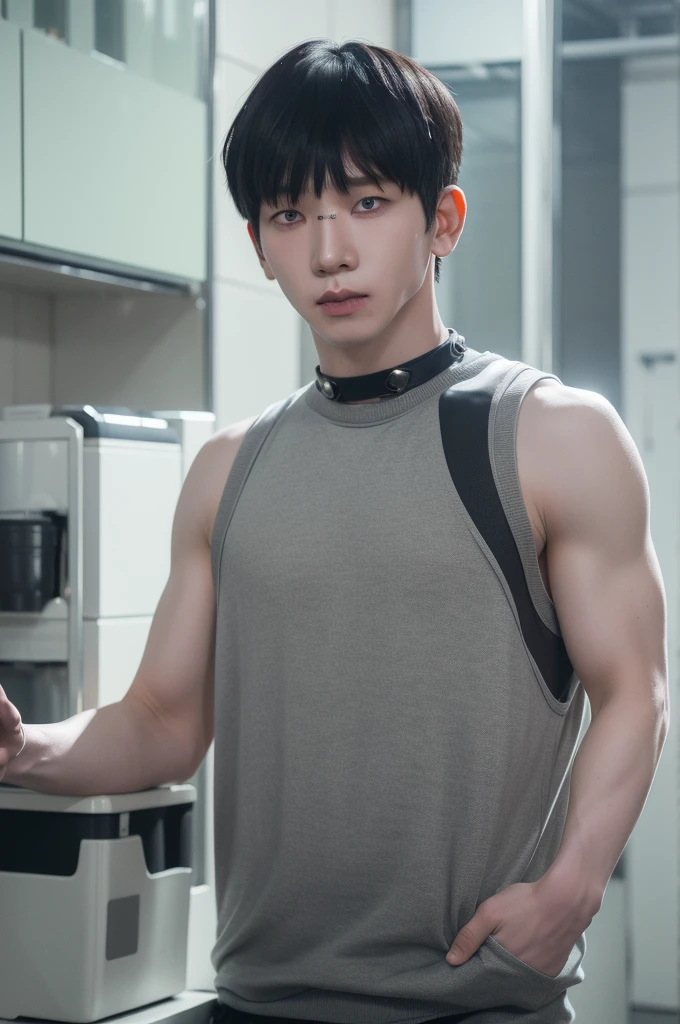 (8k, 4k, 1 man, with white skin, short hair, mullet haircut, light grayish eyes, black clothes, with a bad boy loo