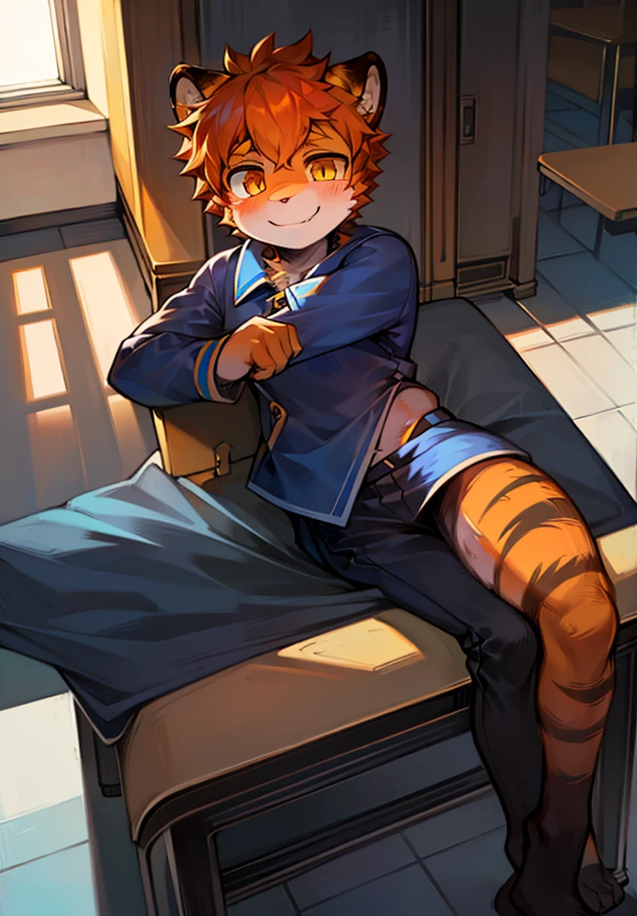 A boy with full body hair, cat nose, orange hair and black stripes and amber eyes wearing a blue and white uniform in the classroom smiling shyly at school
