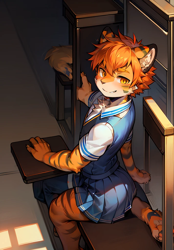A boy with full body hair, cat nose, orange hair and black stripes and amber eyes wearing a blue and white uniform in the classroom smiling shyly at school