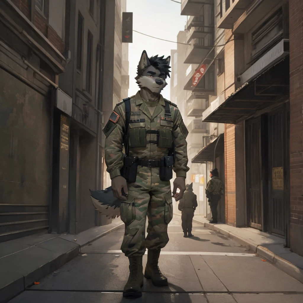 Male, male focus, wolf, short hairs, black fur, white fur, black hair, Red heart stripes on his hair, military uniform, high quality, highlight, shade, shadow, city street, night 