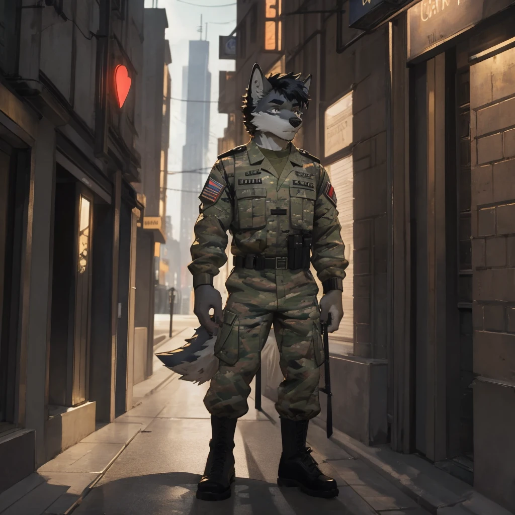 Male, male focus, wolf, short hairs, black fur, white fur, black hair, Red heart stripes on his hair, military uniform, high quality, highlight, shade, shadow, city street, night 