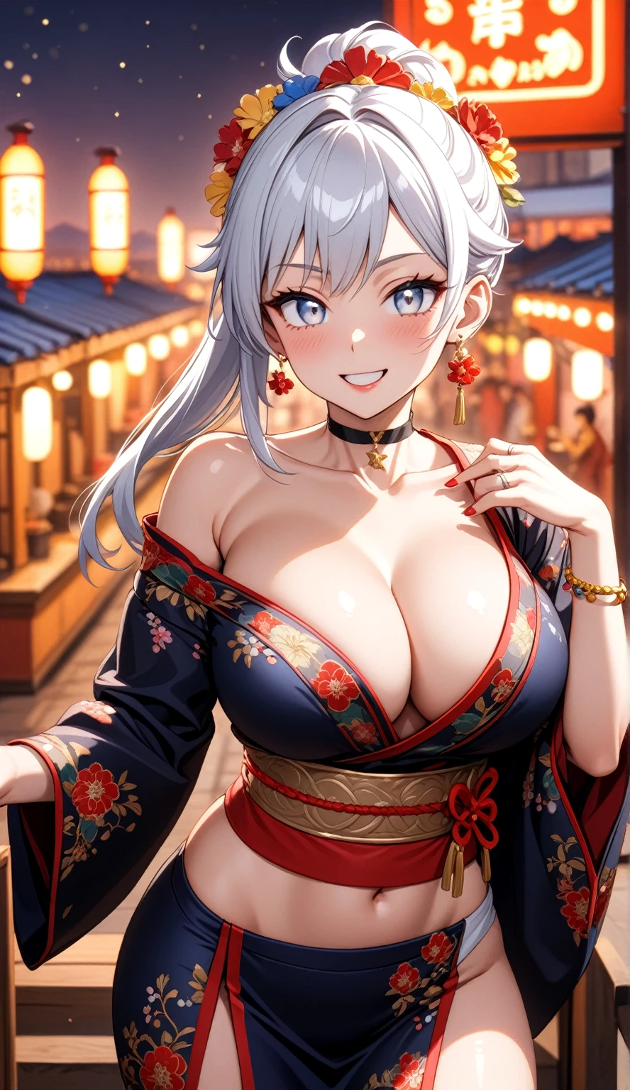 (One personの女性)), Beautiful Face, (Laughing embarrassedly), ((smirk)), ((Wink:2.0)),  Laugh with your mouth wide open,((Bright red cheeks:1.4)),Shiny red lips, night,rooftop,Festivals, firework,Glossy red lips,Facial lighting,((Anime style background)),masterpiece, Highest quality, so beautiful,up to date, Complex details, ((midriff peek)), (Pink long nails), (ring),(bracelet),(choker),AI-generated, Complex,High resolution, Highest quality, super high quality,3D Images、3D Images,One person,Long white hair in a high side ponytail,(blue eyes),  ((Fine grain、Silvery white colorful eyes、Shining Eyes:1.4)), (Squint your eyes:1.1), 写真のポーズをとるAnime Women, a hyperRealistic , hyperRealistic , Realistic,Anime Women, Smooth anime CG art, A woman in a colorful kimono with gold embroidery, (Black long sleeve kimono),  Red floral pattern,Long flower hair ornament,Earrings,Mature Body,(Big Breasts:1.1),Tall,Abdominal muscles,Narrow waist,(Zoom in on face:1.7),