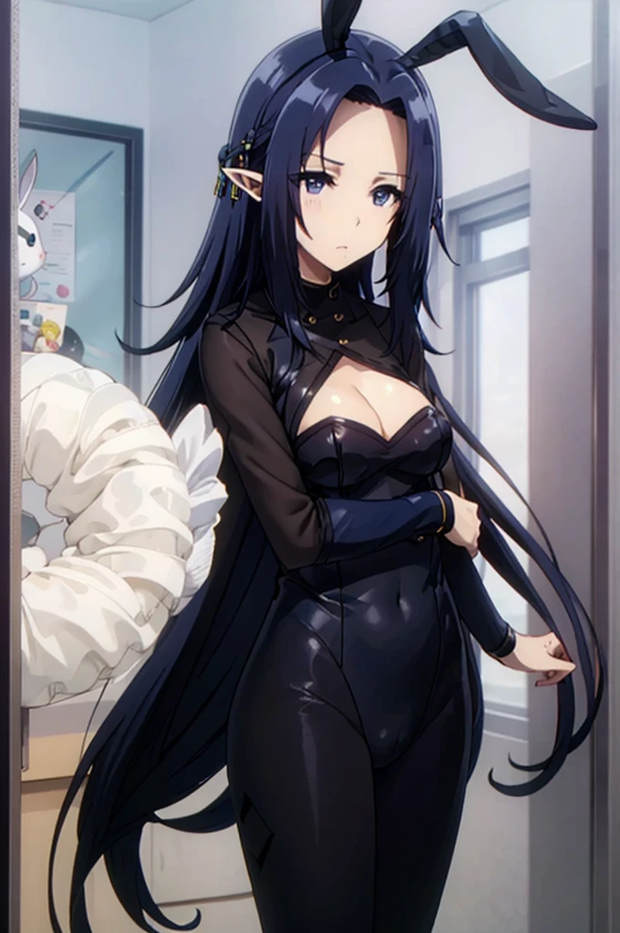 dark blue hair,,long hair,blue eyes,pointy ears,elf,,(((black bunny suit,bunny ears)))