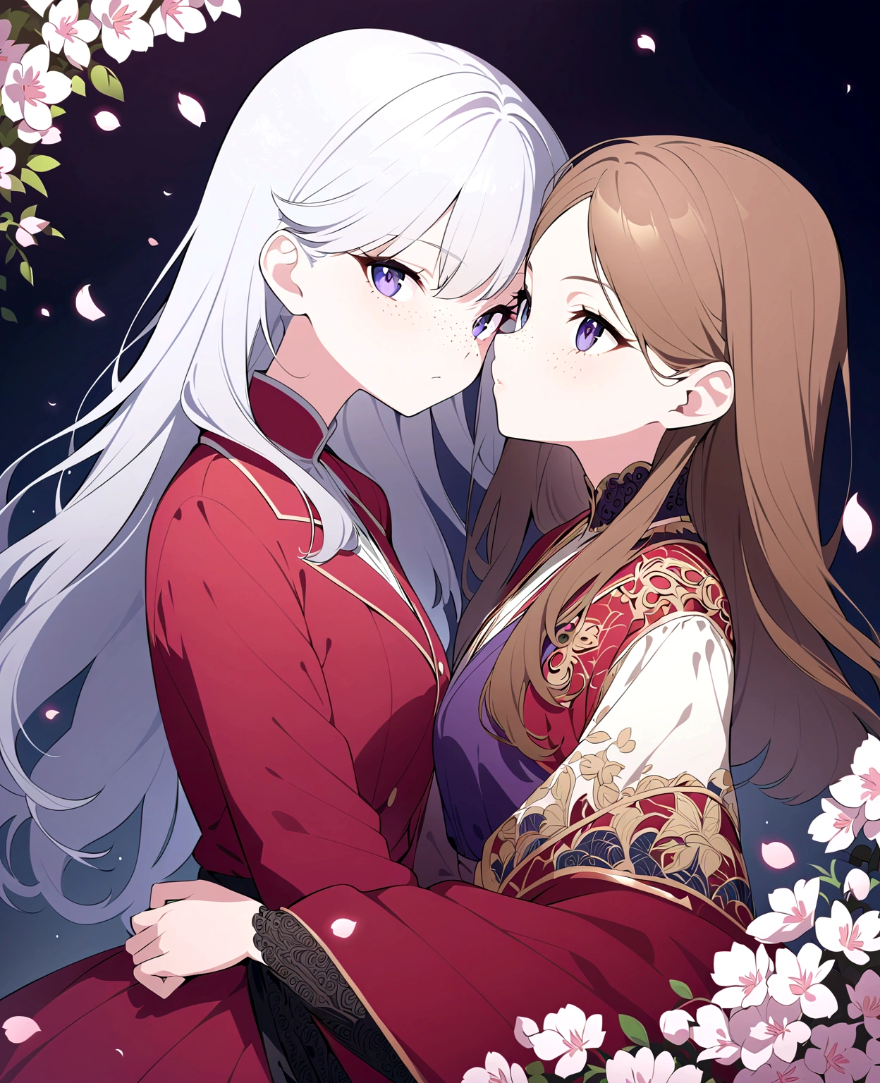 beautiful anime girls, two girls kissing, one girl has short wavy brown hair and a fancy red suit, the other has silver hair, freckles. Dark purple robes, long skirt, petals, dark eyelashes, perfect eyes, perfect face, intricate, intricate details, epic, character portrait, cinematic portrait, anime, anime art