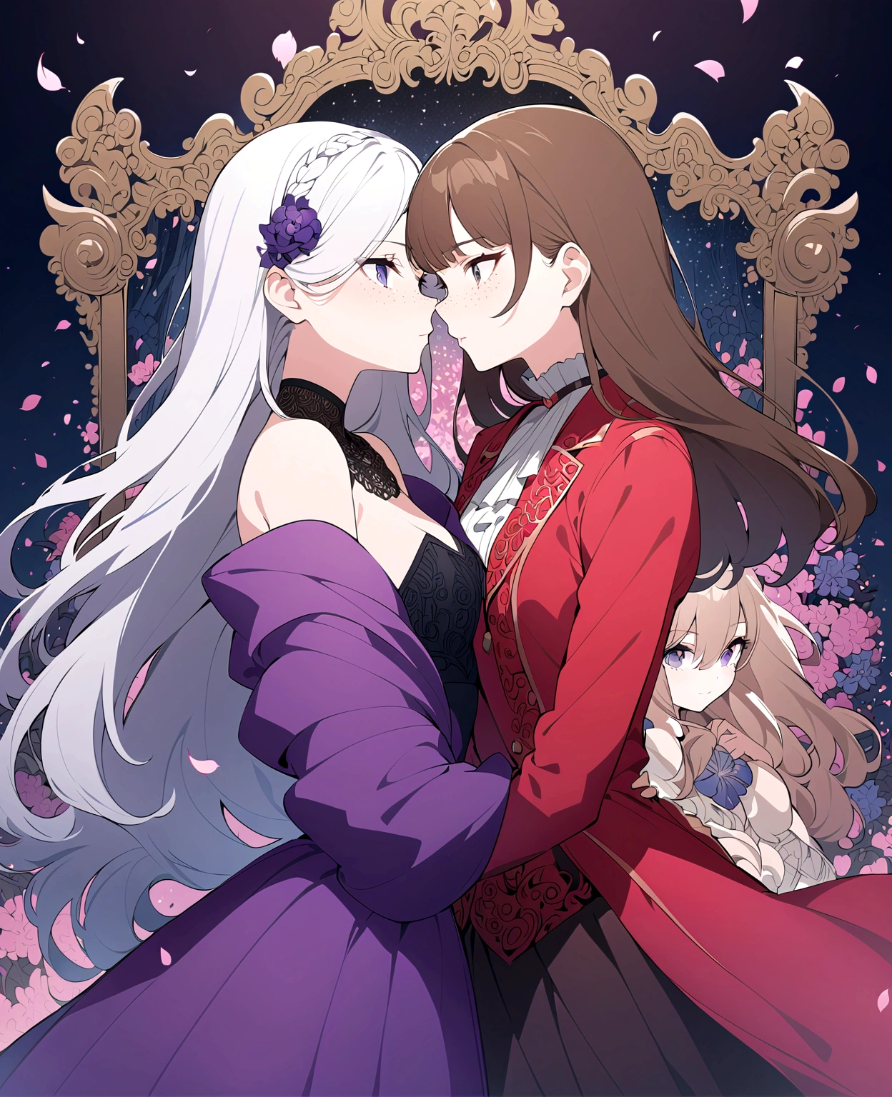 beautiful anime girls, two girls kissing, one girl has short wavy brown hair and a fancy red suit, the other has silver hair, freckles. Dark purple robes, long skirt, petals, dark eyelashes, perfect eyes, perfect face, intricate, intricate details, epic, character portrait, cinematic portrait, anime, anime art