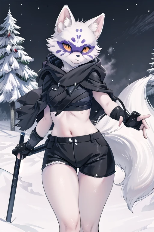 Alopex, arcticfox, tmnt, smile, orange eyes, girl1, solo, snow, black cloak, bandage, tail, black shorts
