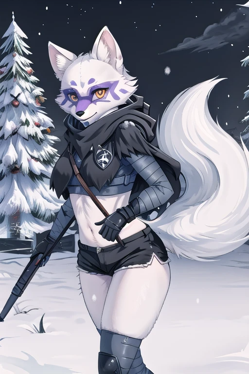 Alopex, arcticfox, tmnt, smile, orange eyes, girl1, solo, snow, black cloak, bandage, tail, black shorts 