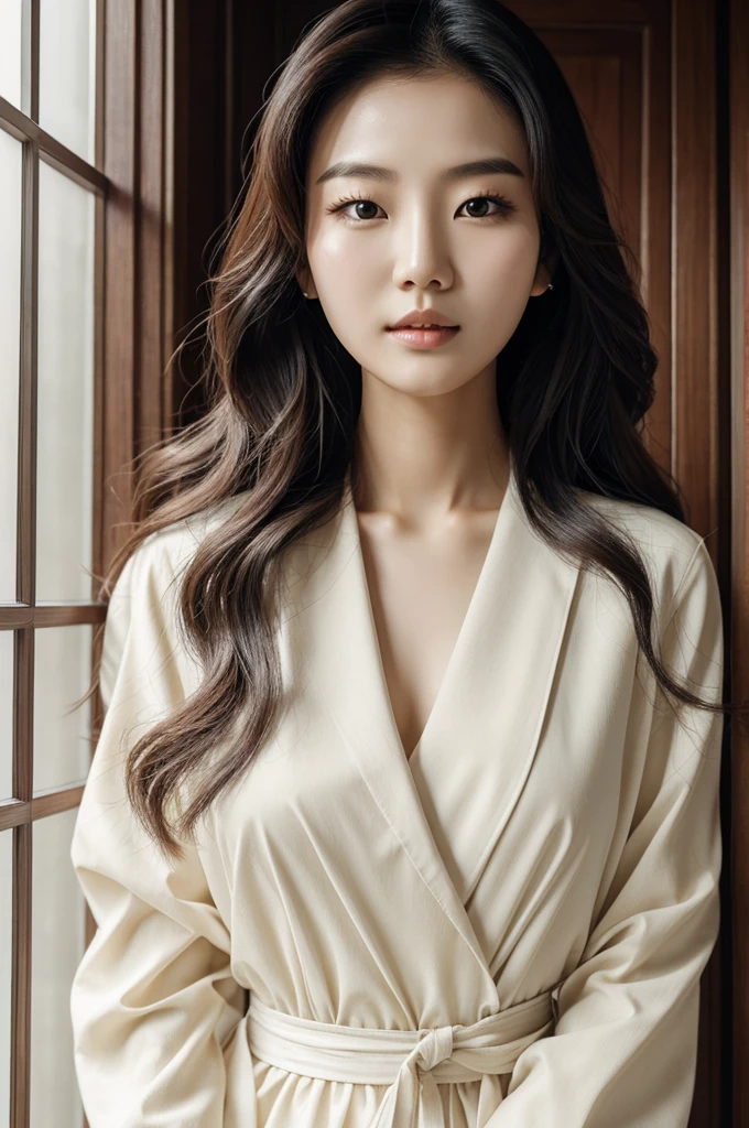 Asian woman, korean, high quality, Masterpiece, head on, long hair, wavy hair, Prominent bust, skin very white