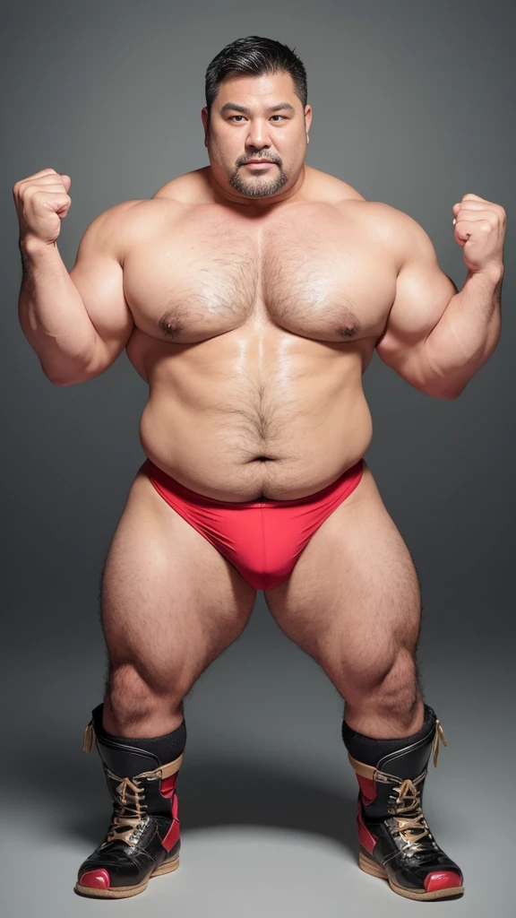 black hair, middle-aged man, individual, male, Muscular wrestler, muscular, Stout wrestler, Asian, Japanese, uncle, 55 year old middle-aged man, short hair, short hair, red wrestling boots, full body portrait, shadow, Vision, red briefs, obesity, 45 years old, short beard, middle-aged man, tattoo, fingerless gloves, Wheat skin, shiny skin, dark skin, Show your pectoral muscles, sumo wrestler, bodybuilder, wide temples, Visible abdominal muscles, Smile, Fine hands, solid color background, pure white background, Surrealism, Panorama, 8k, super detail,