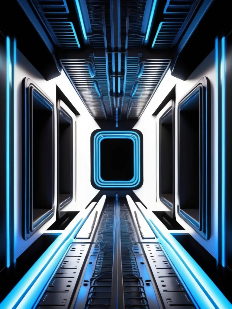 tunel, infernal themed futuristic background image, cables hell neon, symmetrical image, hell, White wall, negro, blue