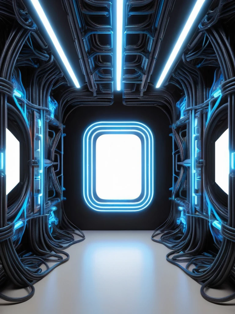 tunel, infernal themed futuristic background image, cables hell neon, symmetrical image, hell, White wall, negro, blue