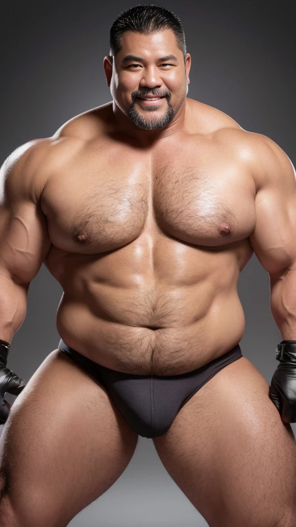 black hair, middle-aged man, individual, male, Muscular wrestler, muscular, Stout wrestler, Asian, Japanese, uncle, 55 year old middle-aged man, short hair, short hair, red wrestling boots, full body portrait, shadow, Vision, red briefs, obesity, 45 years old, short beard, middle-aged man, tattoo, fingerless gloves, Wheat skin, shiny skin, dark skin, Show your pectoral muscles, sumo wrestler, bodybuilder, wide temples, Visible abdominal muscles, Smile, Fine hands, solid color background, pure white background, Surrealism, Panorama, 8k, super detail，