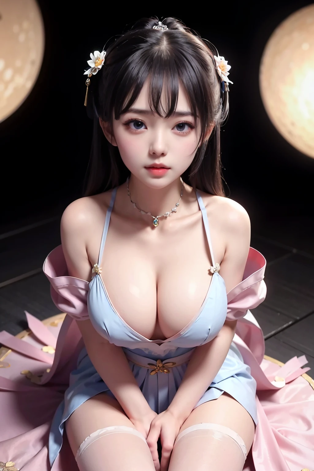 a princess 8 yeald old cute Hanfu dynasty open V-chested clothes royal, All pictures, Wet body of thin silk fabric, Thin silk lace petticoat,princess 8 yeald old cute, (huge ,cleavage),petticoat, white pink, blue ,best qualtiy,tmasterpiece,Ultra-high resolution,(Reality:1.4),RAW photogr,(True skin texture:1.3),(filmgrain:1.3),(Selfie angle),1个Giant Breast Girl,Beautiful eye and face details,tmasterpiece,Best quality at best,exposing thighs,Bigchest,The chest is more exposed, detailed hair,above looking down facing at camera,short dressPrincess Eyes,Super big eyes,Detailed face,shiny pupils, dress pink (a garden,moon palace,Chang'e,mooncakes)