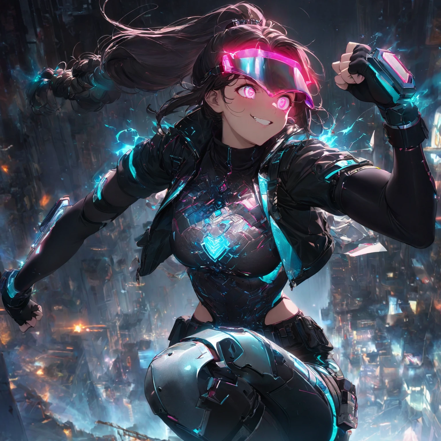  A girl with an athletic build, (nude:0.8), in a dynamic pose showcasing agility, with an excited facial expression, wide sparkling eyes, a broad smile or shout, and clenched fists, wearing a sleek, fitted, armored bodysuit with reinforced segments and glowing circuitry patterns, a cropped, high-collar leather jacket with metallic studs, lightweight cyber-enhanced bracers with holographic interfaces, fingerless gloves with glowing runes, combat-ready pants with reinforced knee pads and utility pockets, a utility belt with a glowing buckle, high-tech shin guards with thrusters and retractable blades, sturdy knee-high combat boots with reinforced soles, her hair styled in a high ponytail or braided with metallic threads and glowing beads, a sleek augmented reality visor with metallic feathers, in a color scheme of dark tones with bright glowing accents, a short, asymmetrical color-changing cloak with glowing runes, and small mystical charms or amulets, in a dark and dramatic setting with a ruined cityscape or futuristic battleground, enhanced with sparks and energy surges illuminating the character and reflecting her fiery, powerful theme, with dynamic lighting emphasizing her energetic pose and excited expression, detailed gorgeous face| anime style| key visual| intricate detail| highly detailed| breathtaking| vibrant| panoramic| cinematic| Carne Griffiths| Conrad Roset| gibbli 8k