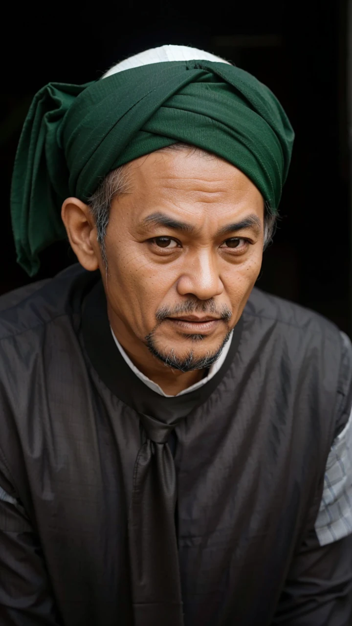 Indonesian Muslim man, aged 55 years or above, clean brown skin, wearing black Islamic clothes, green head turban with a tie at the back of the side, visible details of the turban pattern, lips closed, slightly slanted eyes downcast. Slightly wide face shape, realistic HD quality image