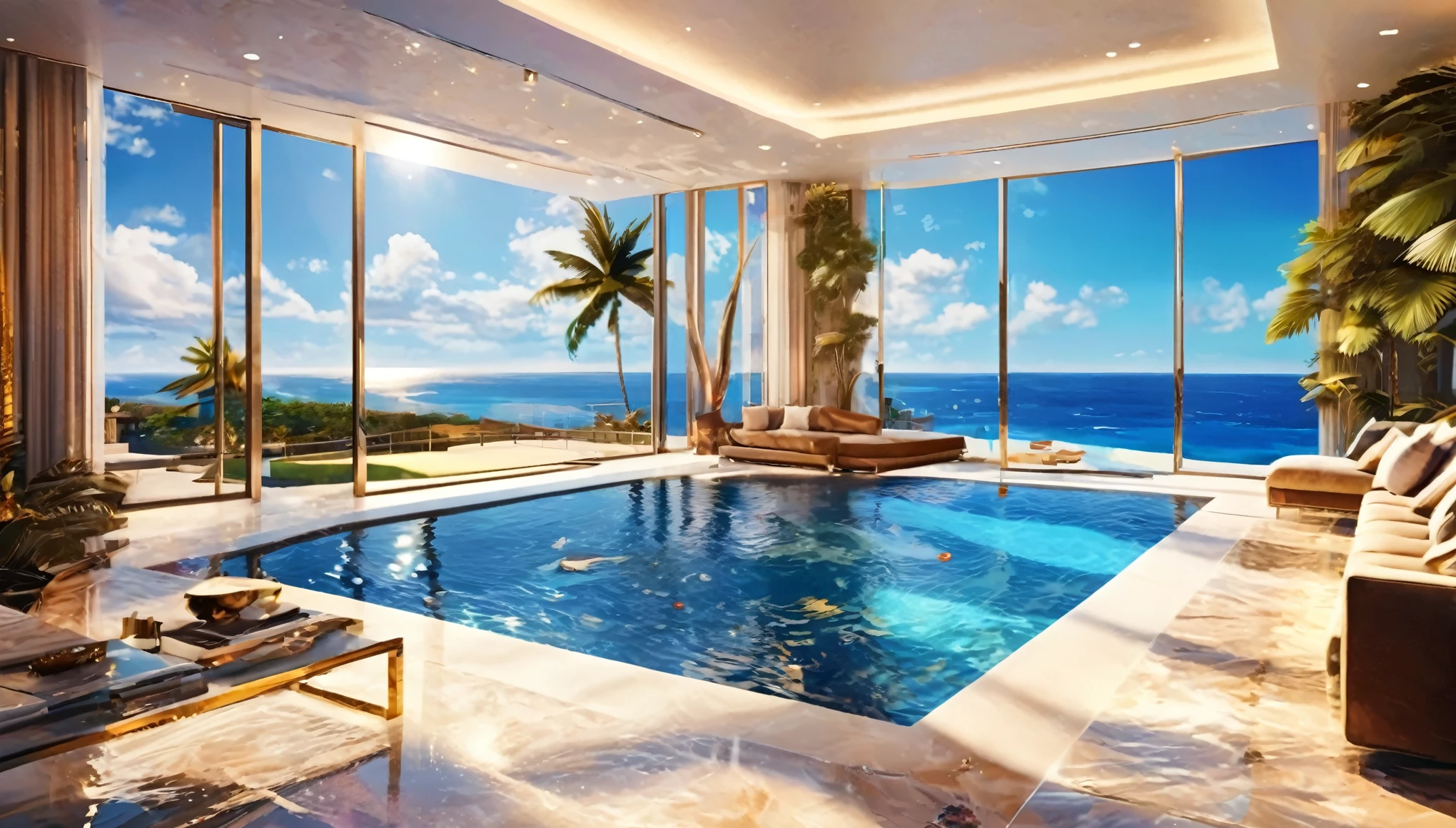A modern luxury mansion with an infinity pool overlooking the ocean, floor-to-ceiling windows, and a sleek, luxury interior design. Hyper realistic photo, 16k, vibrant colors