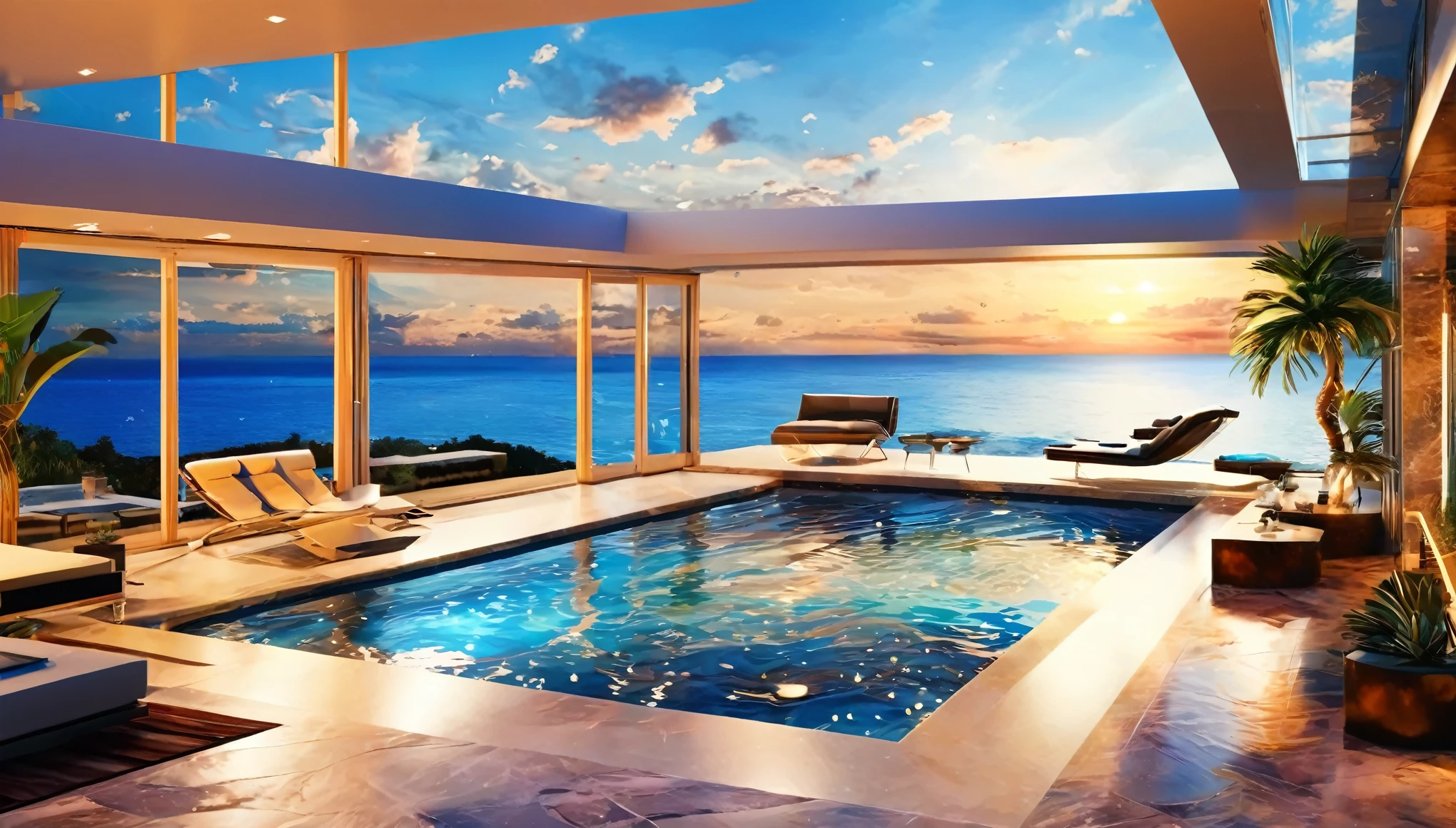 A modern luxury mansion with an infinity pool overlooking the ocean, floor-to-ceiling windows, and a sleek, luxury interior design. Hyper realistic photo, 16k, vibrant colors