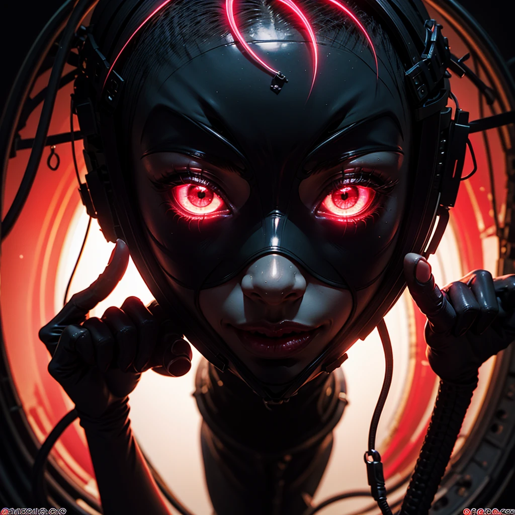 a very beautiful and very thin girl, wears black underwear with tights and latex face mask. Dark room with only red neon lighting. lot of details, extremely realistic. good quality, 8K