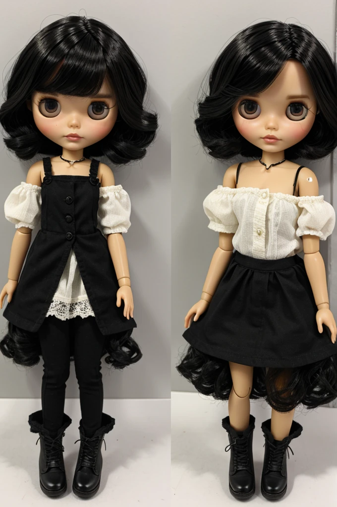 A blythe doll with short shoulder-length hair, black and wavy