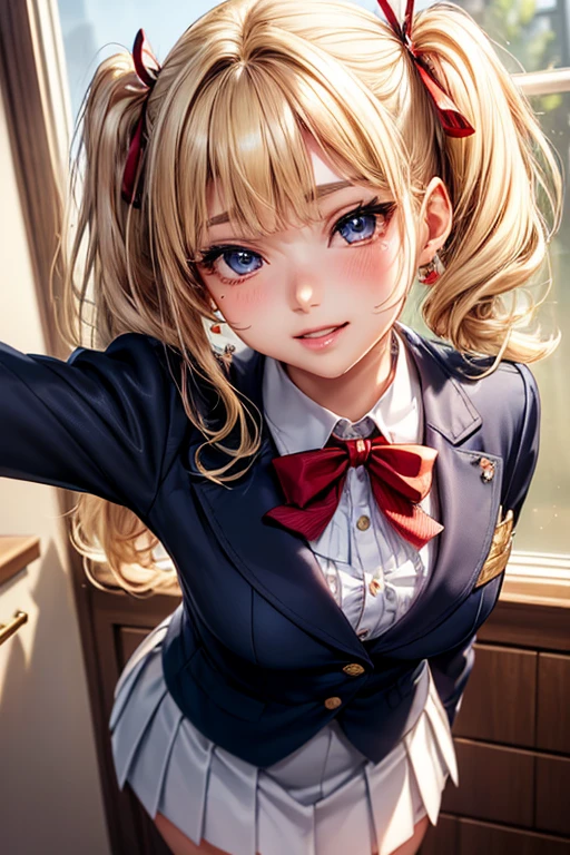 #Basics A girl is posing for a photo, animeのかわいい女の子, (((One Girl, , Young girs old))),
Bhing Accessories
(Navy Blue Blazer + White blouse + Red Ribbon Tie + (Red and white)Checkered pleated skirt + Navy blue knee socks), (Silver Earrings),
BREAK
#Features
((Blonde:1.4), Curly hair:1.4, (Twin tails : Short Hair + Full and voluminous hair + Large black ribbon)),
(Droopy eyes, blue eyes), (Small breasts),
BREAK
#background environment
((morning, Sunlit kitchen:1.4, 食卓にmorning食が並んでいる)),
#Facial Expression Pose
((Wicked Smile), (Are standing)),
#composition
((Face the camera, Angle from the front, Cowboy Shot:1.4)),
BREAK
#Body parts elements
(Detailed hair, Beautiful Hair, Shiny Hair),
(double eyelid, Long eyelashes),
(Expression of fine eyes, Beautiful and delicate eyes, Sparkling eyes, Eye Reflexes, Glitter Eyeliner),
(Human Ear),
(Beautiful Nose, Thin Nose),
(Glossy lips, Beautiful Lips, Thick lips, Glossy Lips, Natural Cheeks),
(Detailed face, Symmetrical facial features),
(Detailed skin, Textured skin, Beautiful Skin, Shiny skin),
BREAK
#Quality
(((Highest quality)), ((masterpiece)), ((Very detailed))), ((High resolution), (16K,1080P)),
(Realistic), (Anatomically correct),
((comics, anime)), (3DCG), CG illustration,