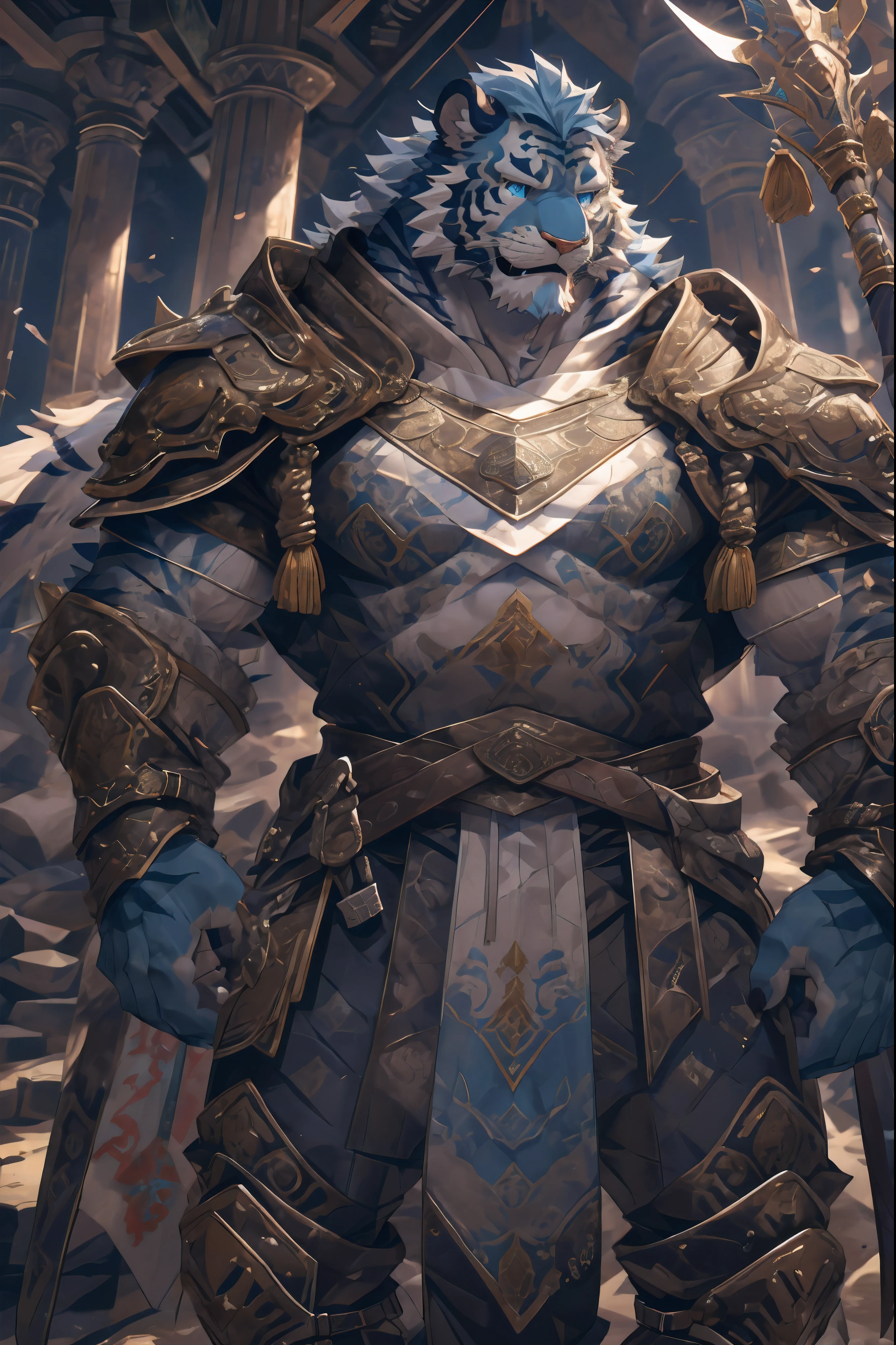 (Light blue tiger),(Blue flowing blue Military commander shirt),Holding a halberd,Awesome posture,A hearty laugh,(The background is a vicissitudes of the plateau:1.2),Abdominal muscles,covered in wounds,A perfect masterpiece,Various facial details,Close-up view,specific description,masterpiece,cg,(Light blue eyes),Light blue pattern,Light blue tail,Military commander,Heroic,tiger,Light blue fur,Detailed facial details,Half Body,(Water texture boots),(Long feather),((middle aged)),(Face Focus),(16K),HD,Blue and white belly,temple,beard,(Face lines),heterochromia,(Light blue battle robe),(Light blue hair),Strong,muscle,(high resolution:1.3)